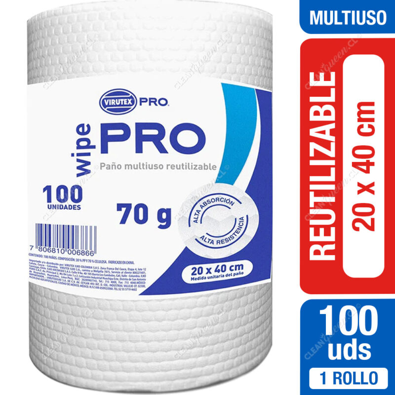 PAÑO MULTIUSO REUTILIZABLE <br>WIPE VIRUTEX<br>100 PAÑOS 20X40CM<br>COD: S0333